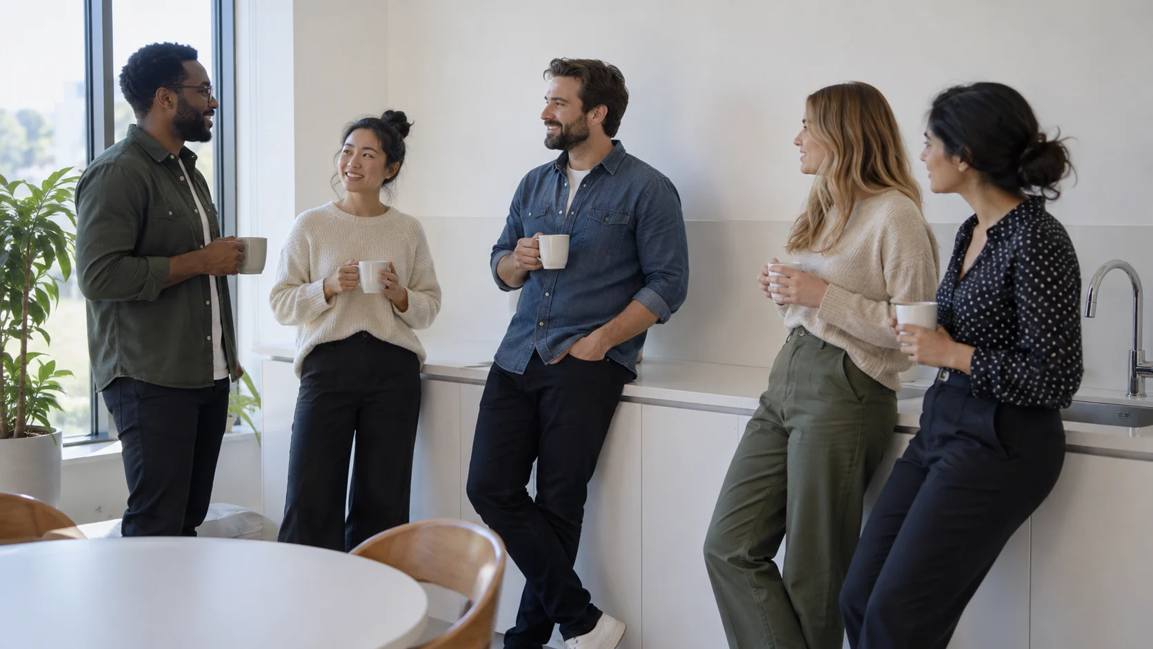 Five coworkers chat over plain mugs in a bright break room.