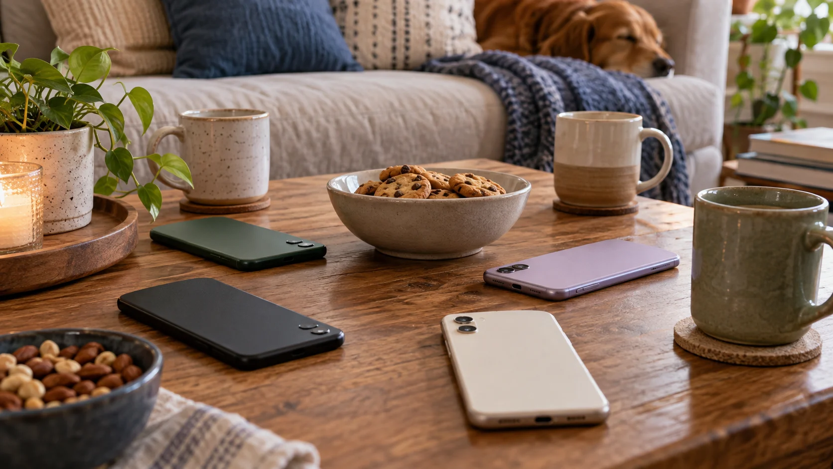 Several blank phones rest beside mugs and snacks on a family coffee table.