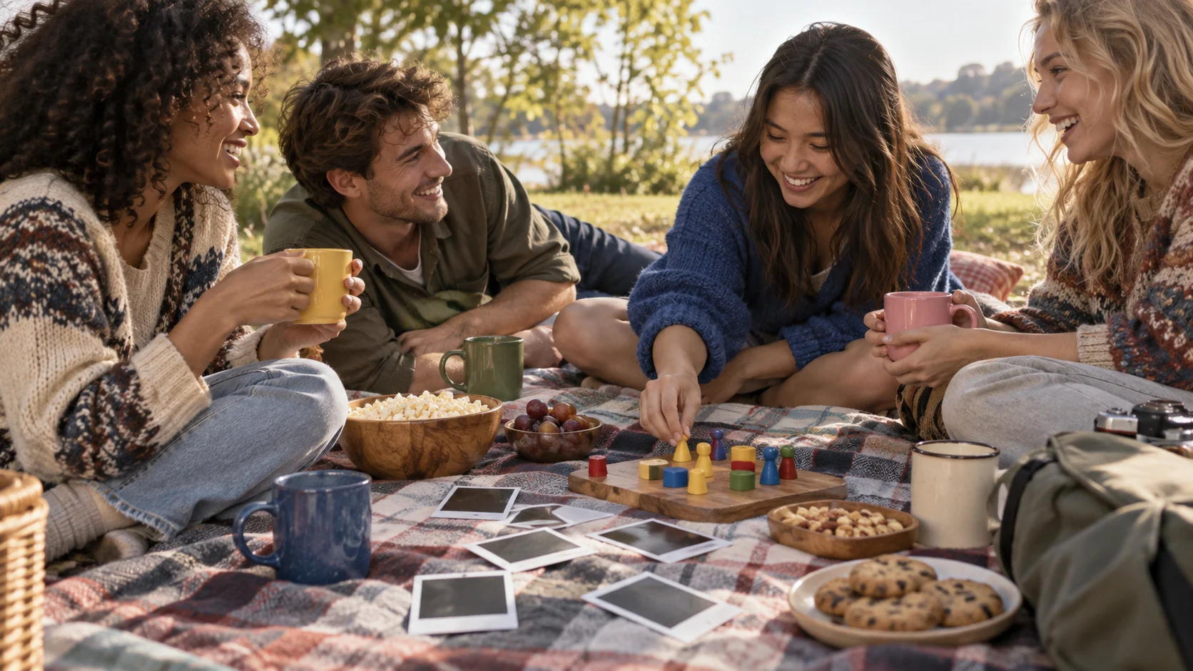 Friends laugh together over snacks and a game during a sunny picnic.