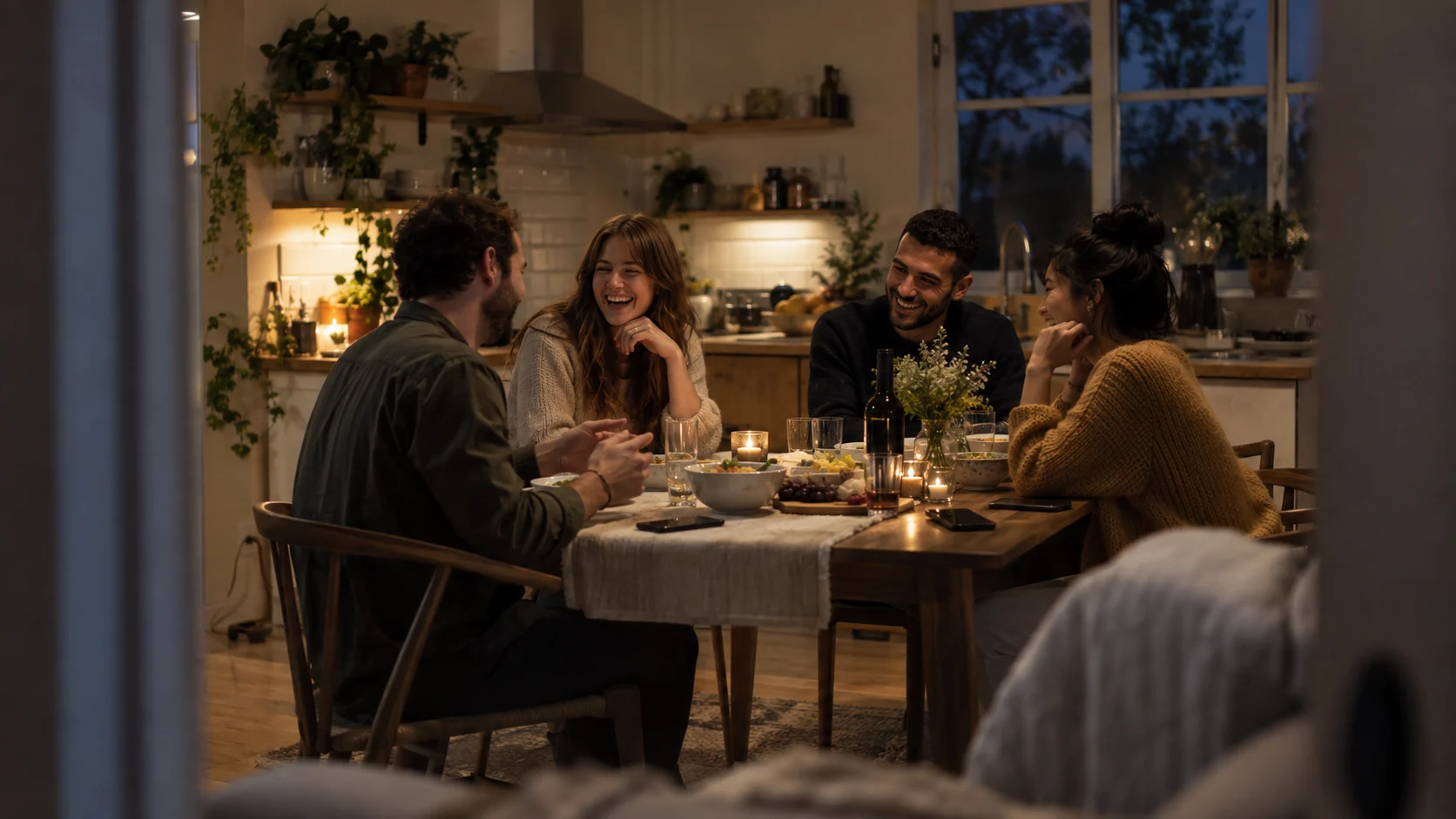 Four friends laugh around a kitchen table during an evening gathering.