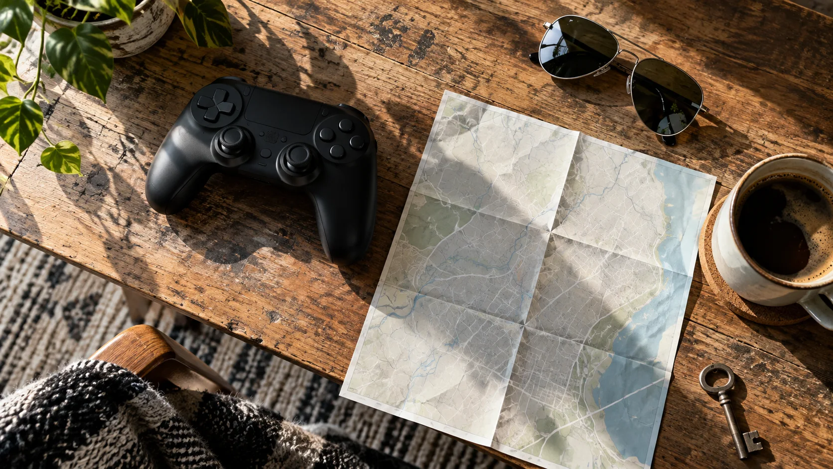 A plain game controller, blank street map, sunglasses, key, and coffee sit on a wooden table.