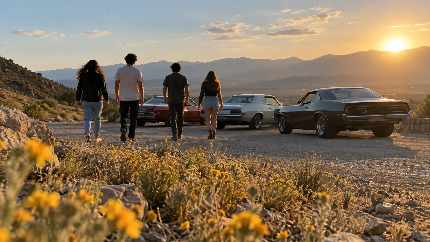 Four friends walk toward classic cars at a desert overlook near sunset.