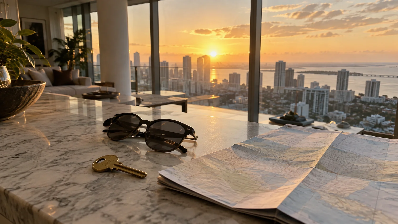 A brass key, sunglasses, and blank map rest above a coastal city at sunrise.