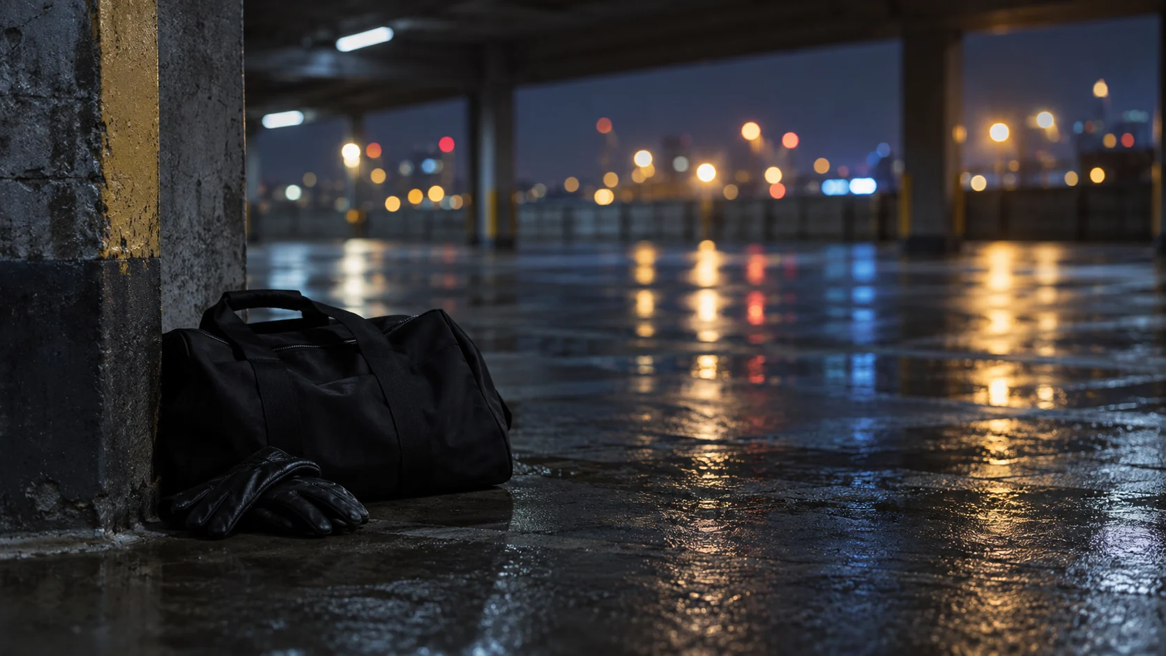 A plain duffel and driving gloves rest in a rain-soaked parking deck at night.