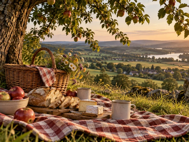 A bread, cheese, and apple picnic beneath a tree overlooking patchwork fields at sunset.