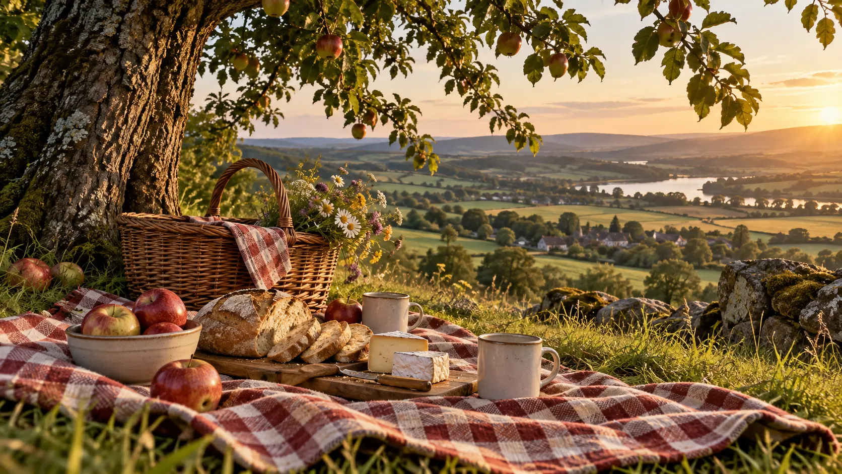 A bread, cheese, and apple picnic beneath a tree overlooking patchwork fields at sunset.