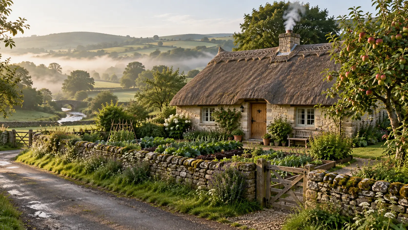 A low thatched stone cottage with vegetable beds in misty green countryside.
