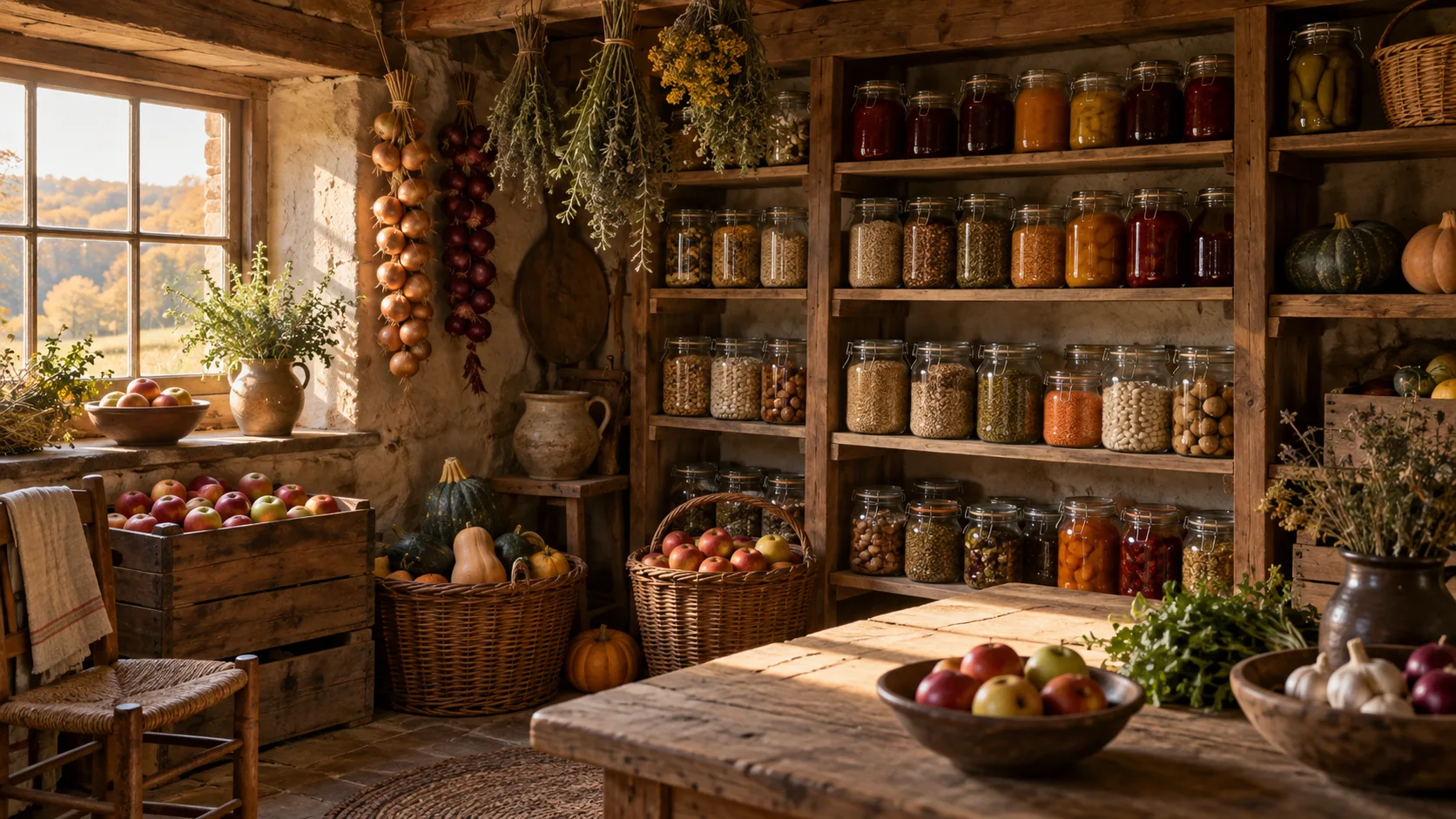 A warm rustic pantry stocked with blank jars, apples, squash, onions, and herbs.