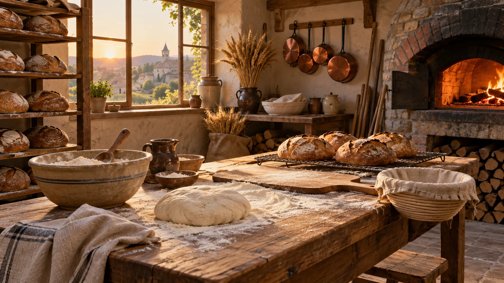 Fresh loaves cooling beside dough and a glowing brick oven in a village bakehouse.