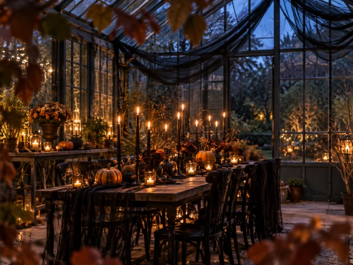 Candles and autumn branches decorate an empty glass greenhouse for an evening gathering.