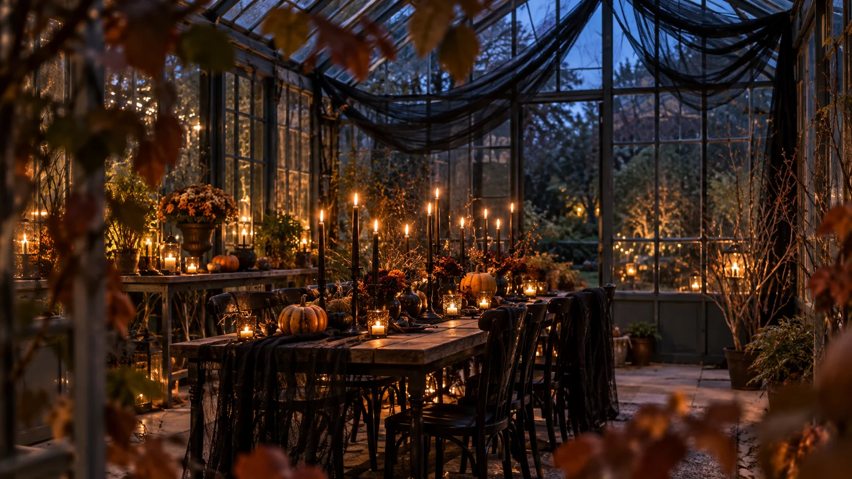 Candles and autumn branches decorate an empty glass greenhouse for an evening gathering.