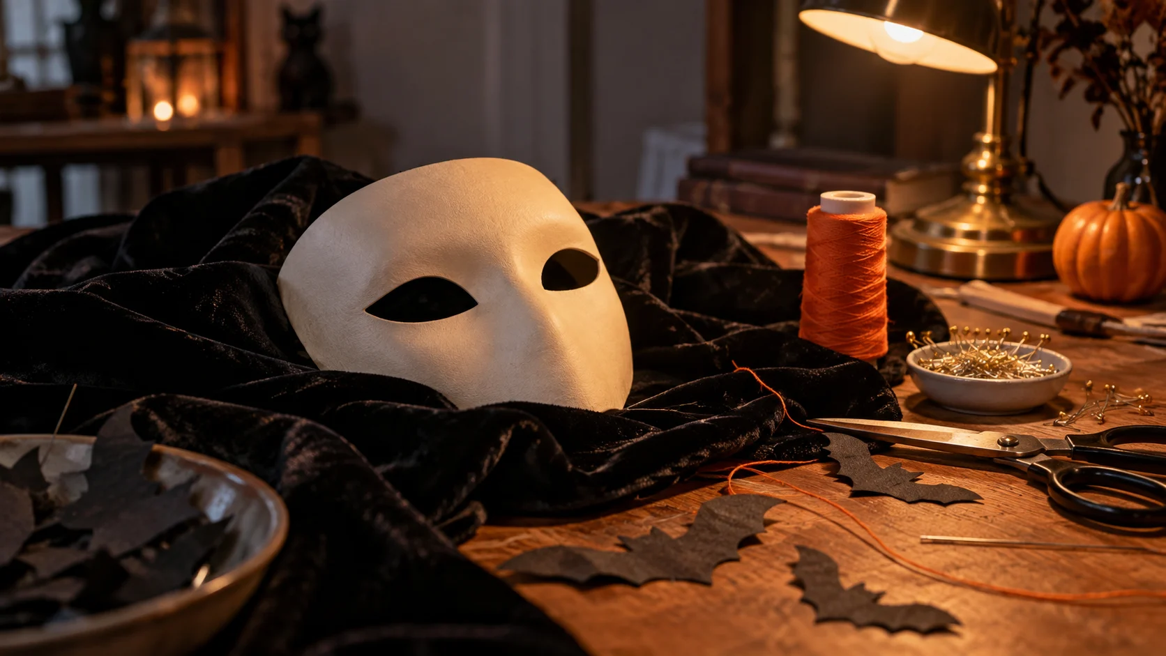 Black velvet, a blank mask and handmade bat shapes cover a costume-making table.