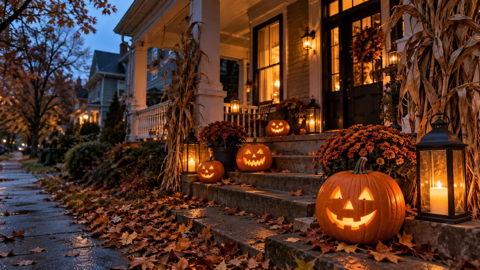 Carved pumpkins and lanterns glow on a decorated neighborhood porch at blue hour.