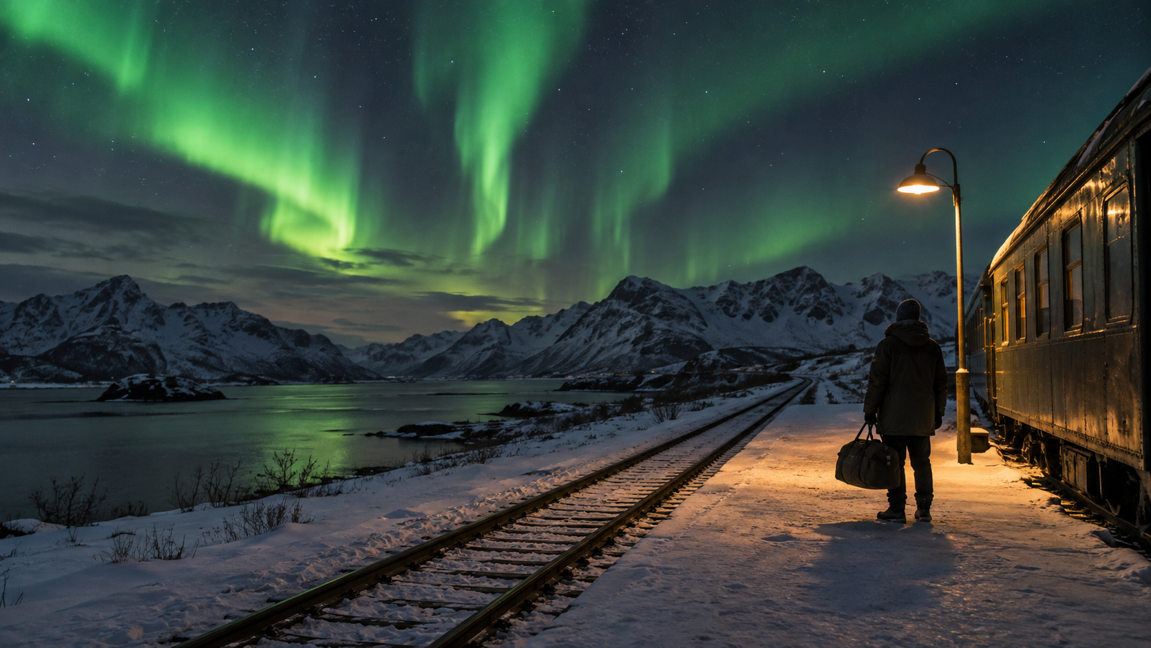 A lone traveler waits beside an old railcar beneath the northern lights.