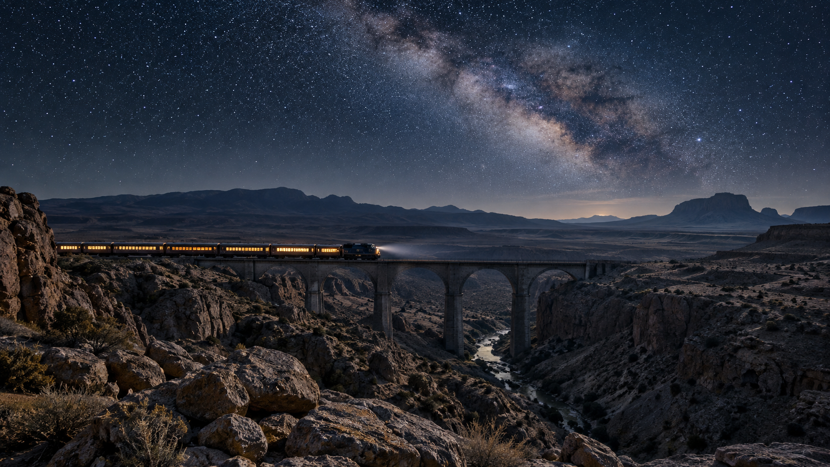 A glowing passenger train crosses a desert viaduct beneath the Milky Way.