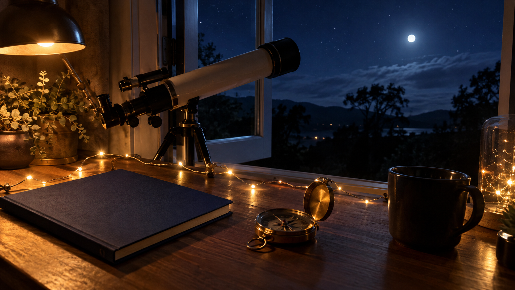 A telescope, compass, blank notebook, and fairy lights fill a moonlit astronomy desk.