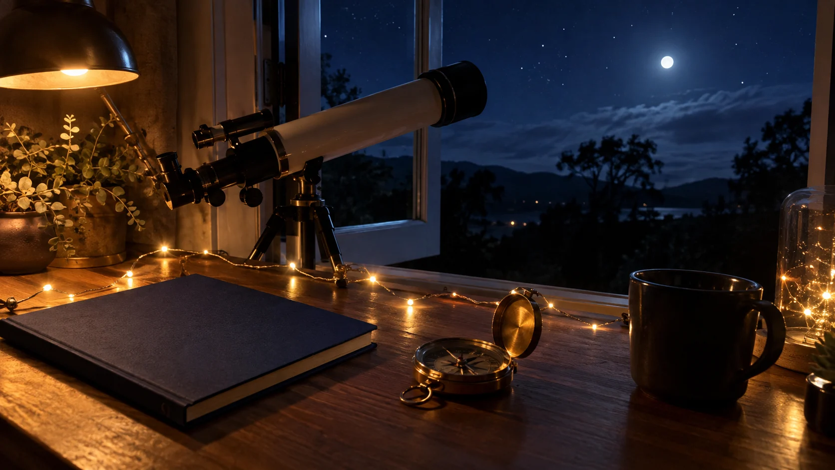 A telescope, compass, blank notebook, and fairy lights fill a moonlit astronomy desk.