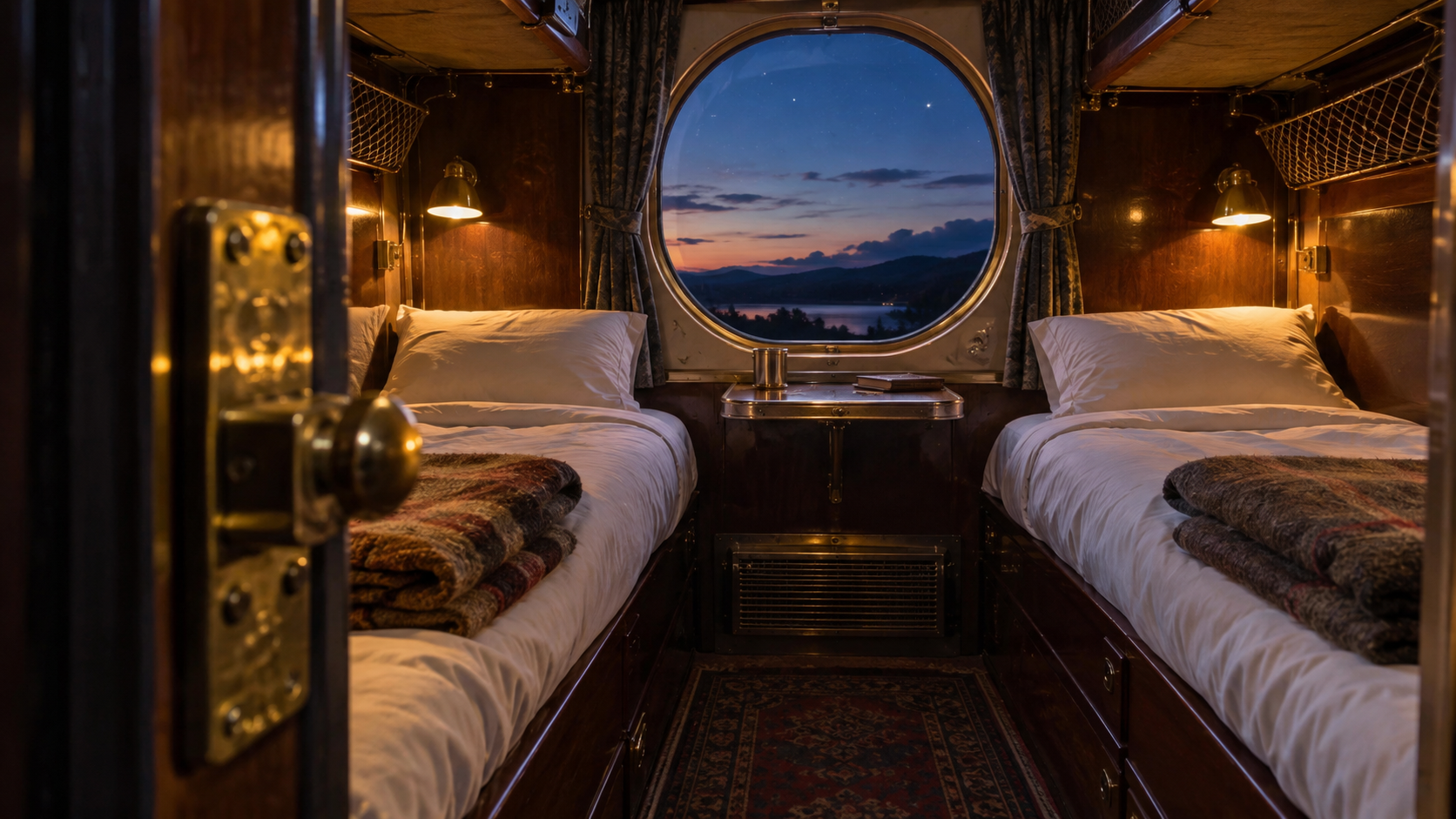An empty vintage sleeper compartment glows warmly against blue dusk.