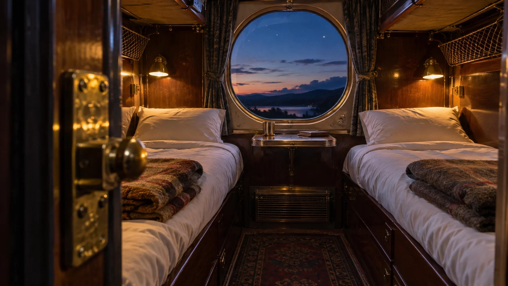 An empty vintage sleeper compartment glows warmly against blue dusk.
