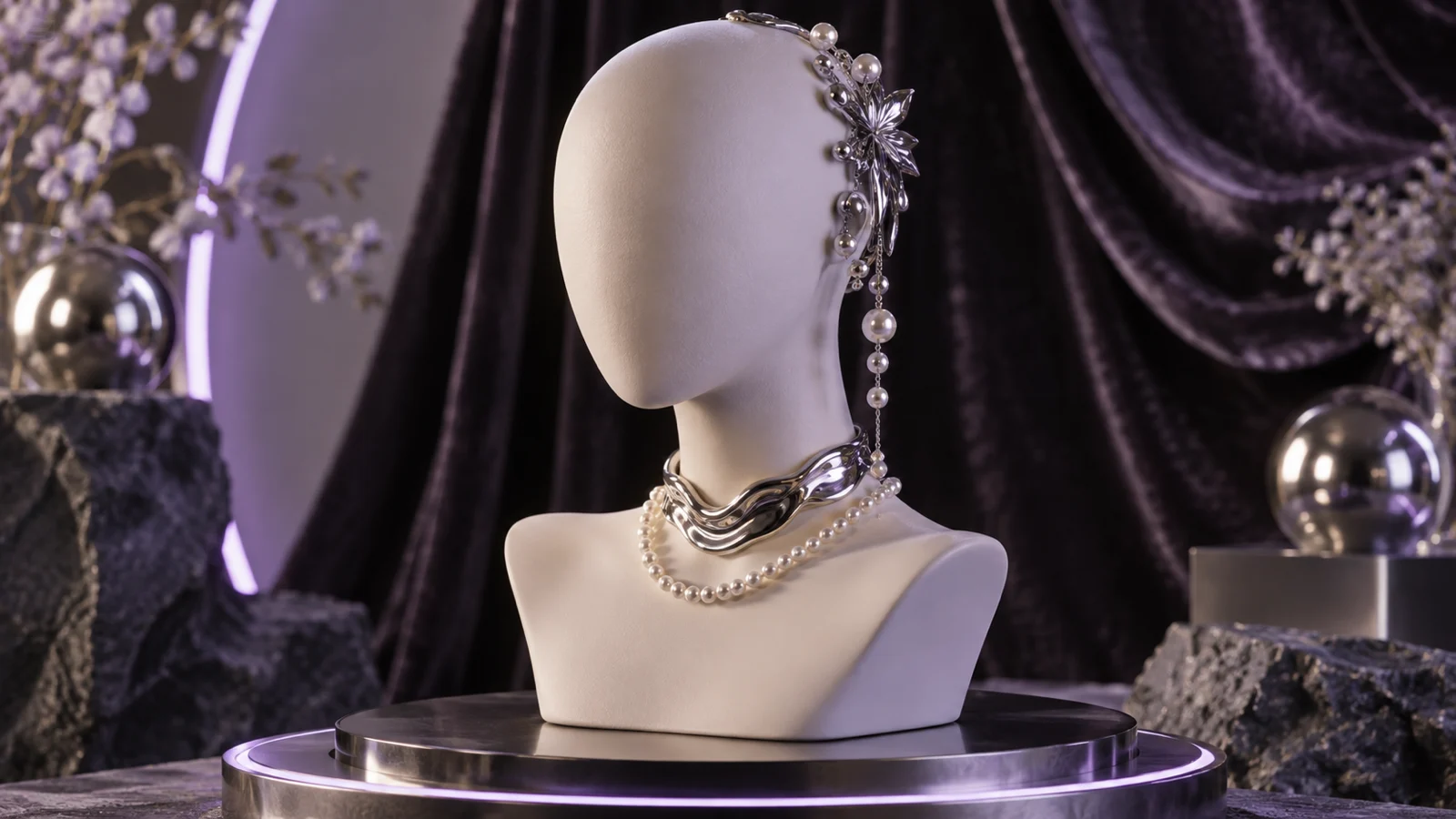 Faceless mannequin bust with pearl and chrome accessories in lilac studio light