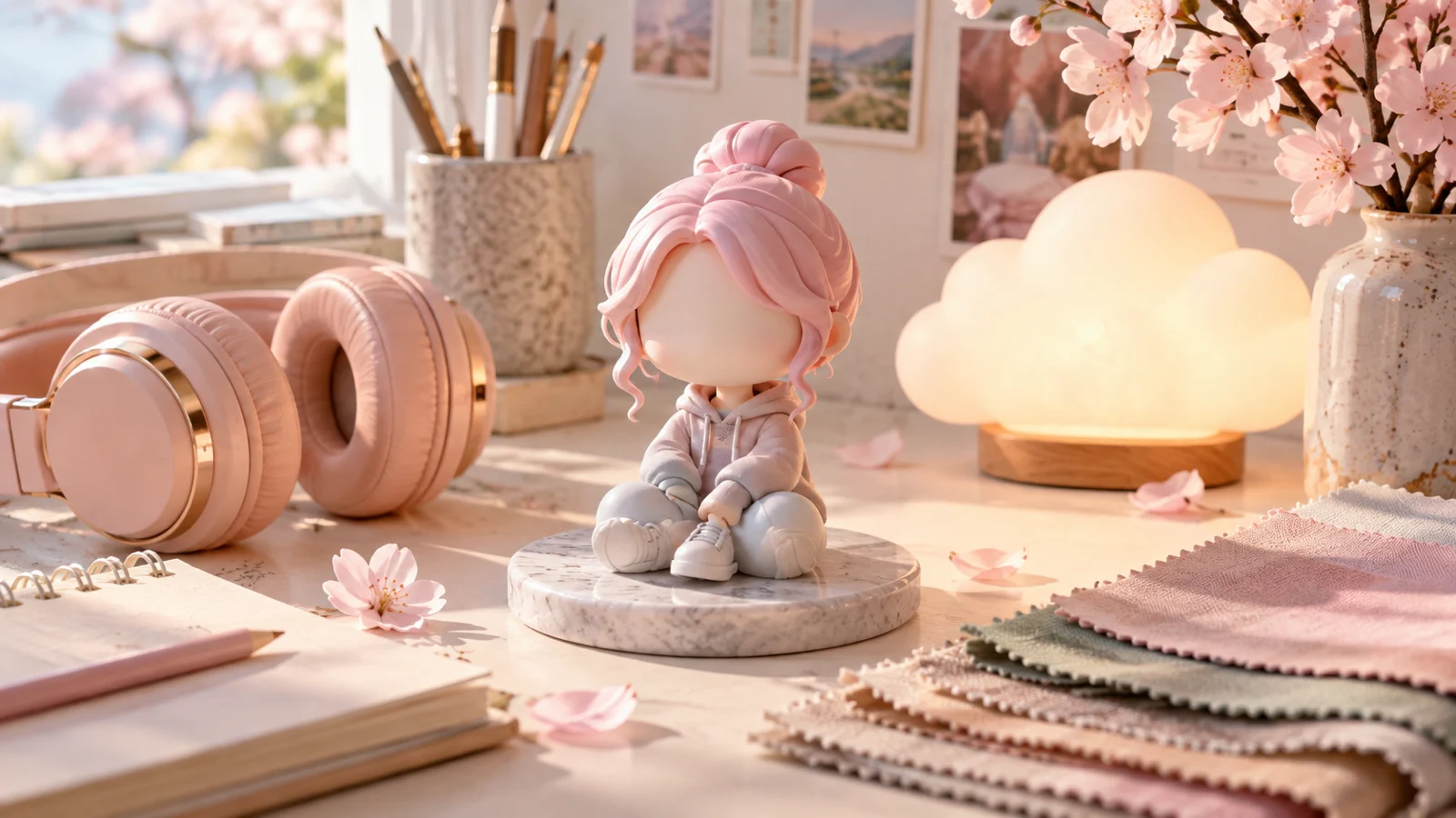 Pastel faceless avatar figurine on a creative desk with headphones and fabric swatches