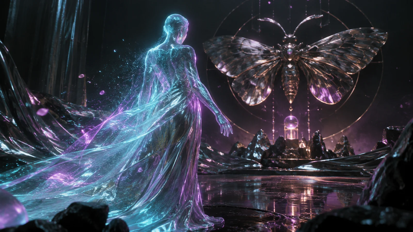 Glowing faceless cyber avatar in a dark crystal landscape with a metallic moth