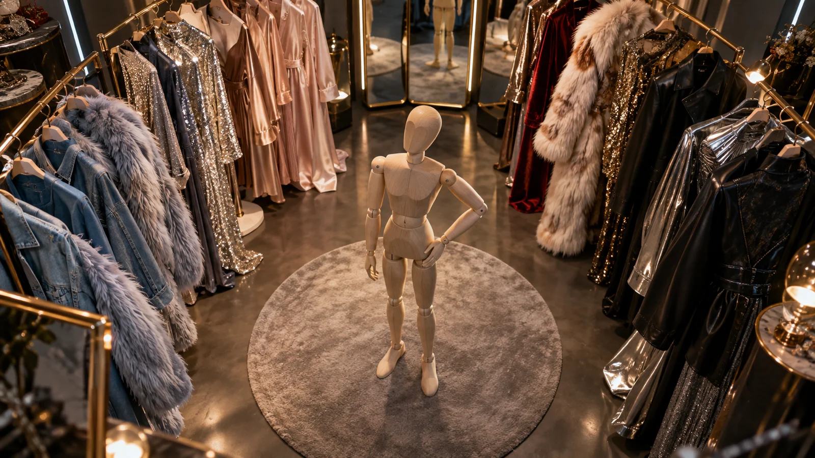 Faceless wooden mannequin surrounded by a circular wardrobe of varied evening fashions
