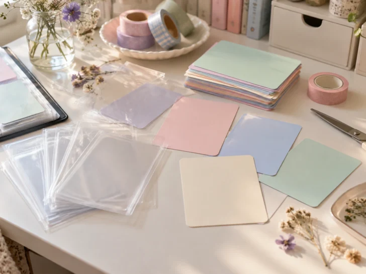 Blank pastel cards and translucent sleeves cover a bright fan craft desk.