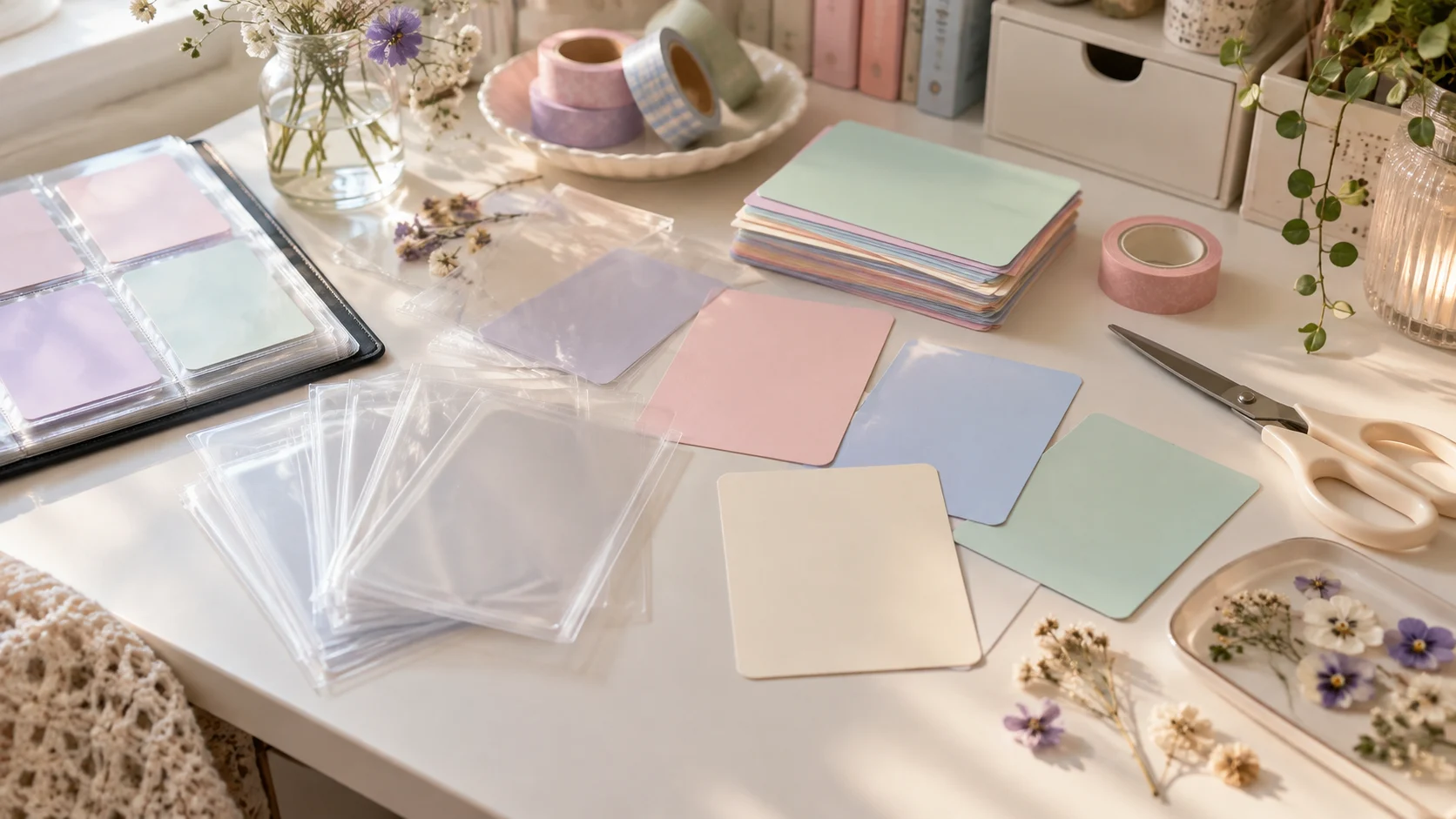 Blank pastel cards and translucent sleeves cover a bright fan craft desk.