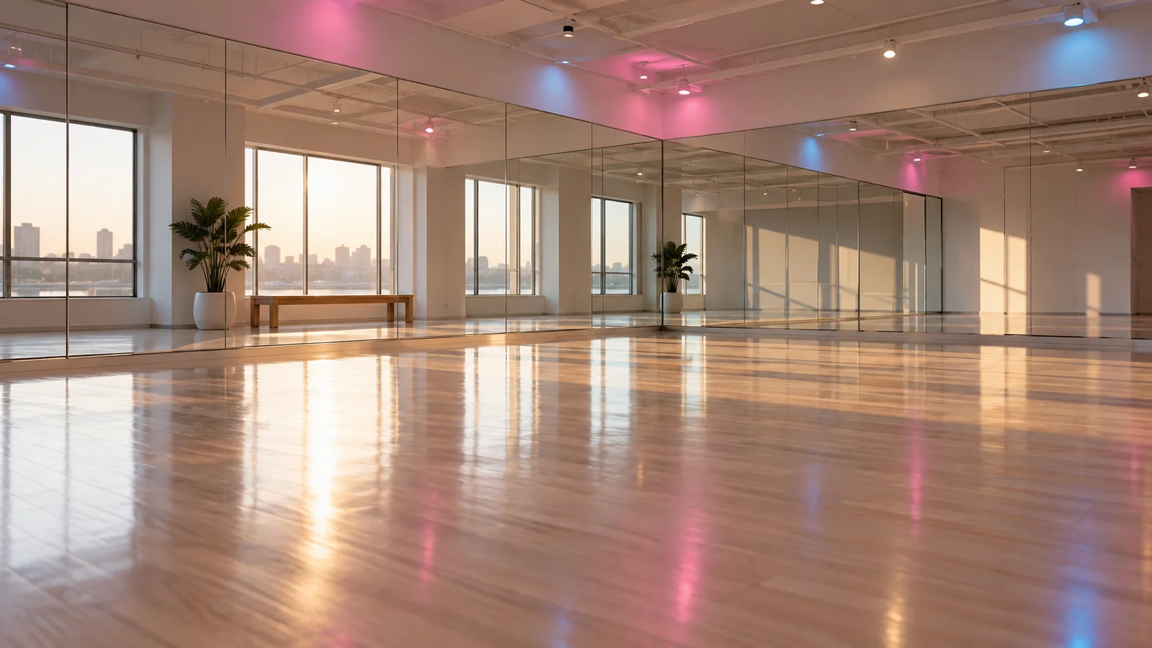 Pink and blue light reflects across an empty mirrored dance studio.
