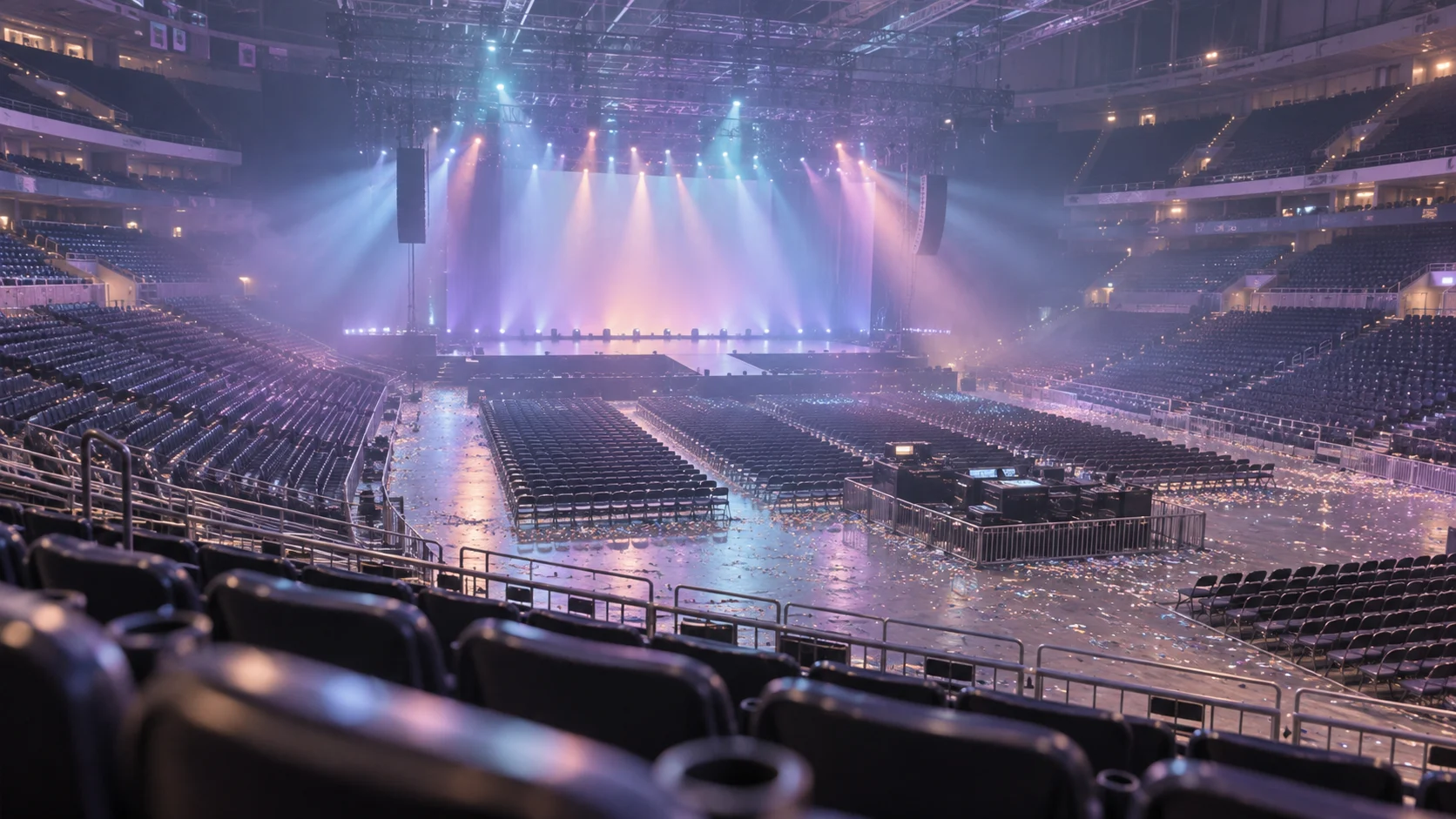 Pastel light beams wash over an empty indoor concert arena after soundcheck.