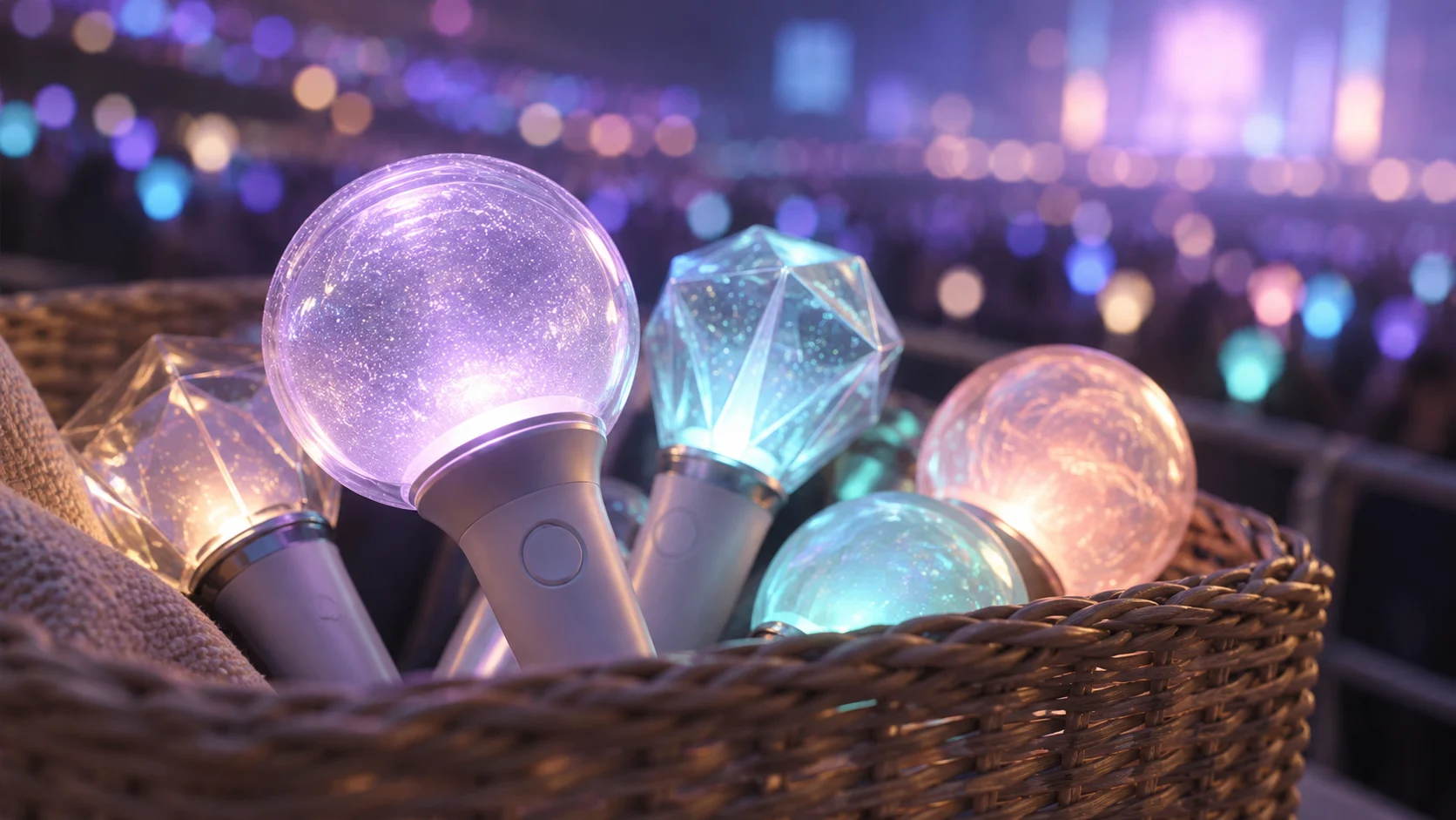 Original pastel concert light wands glow in a woven basket.