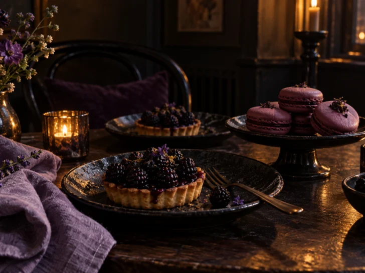 Blackberry tartlets and plum macarons on a candlelit dark dessert table.