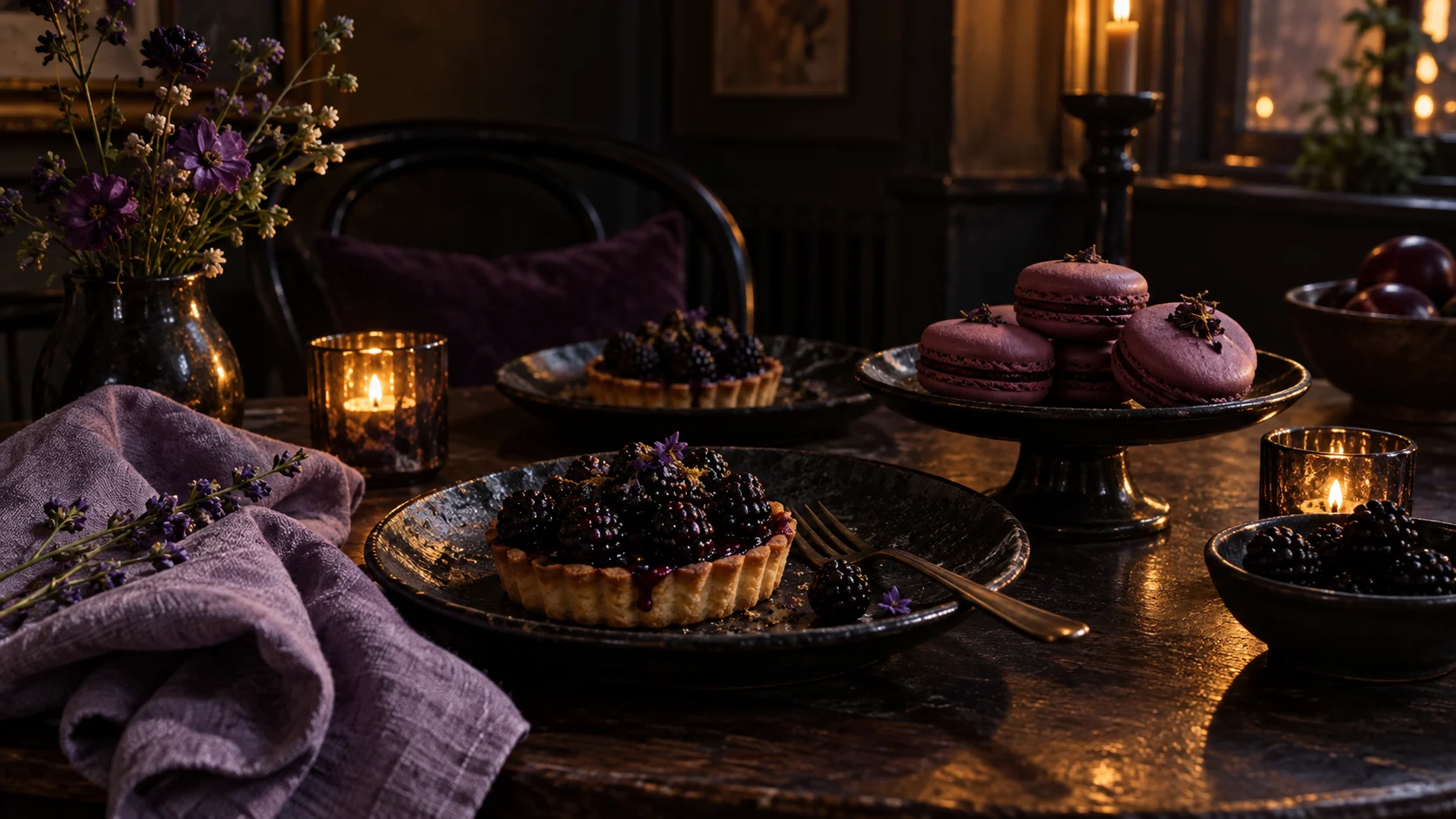 Blackberry tartlets and plum macarons on a candlelit dark dessert table.