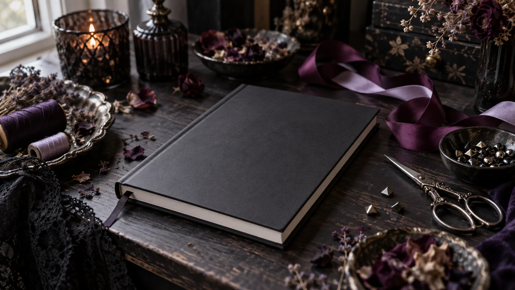 A moody black and plum craft desk with a blank notebook, ribbons, and dried flowers.