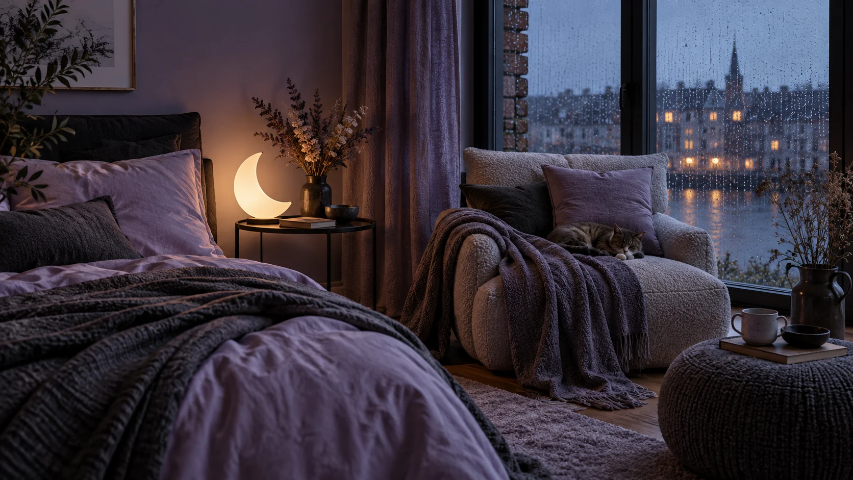 A lavender and charcoal reading nook beside a rain-streaked window.