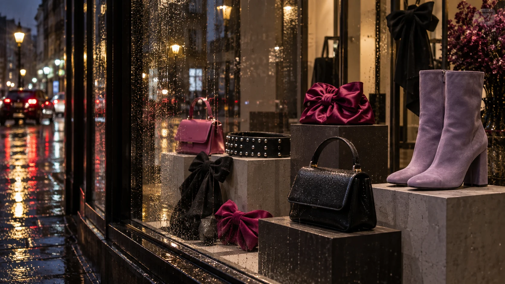 Black and magenta accessories displayed in a boutique window on a rainy night.