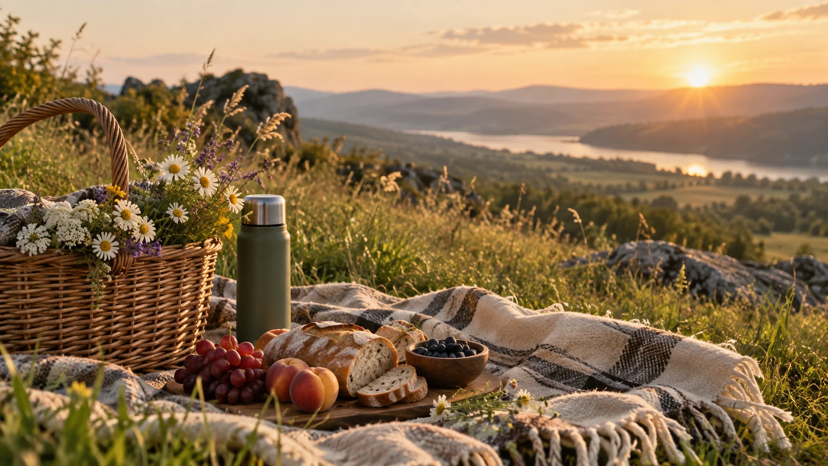 Colorful picnic spread in golden evening light