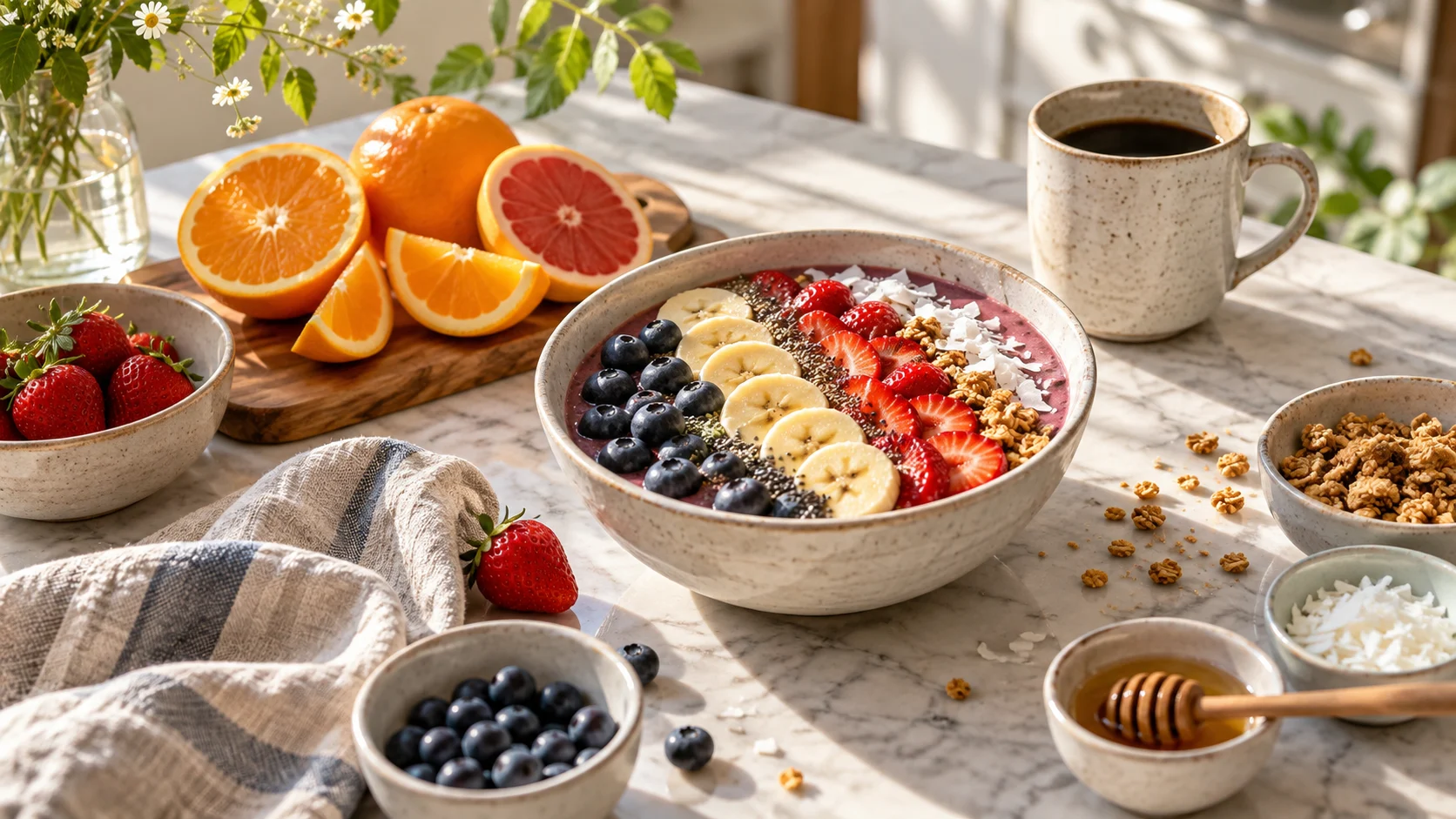 Sunny breakfast arranged with citrus and flowers