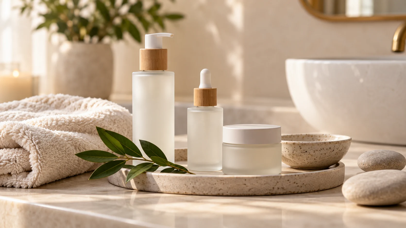 Unbranded skincare bottles in a bright bathroom