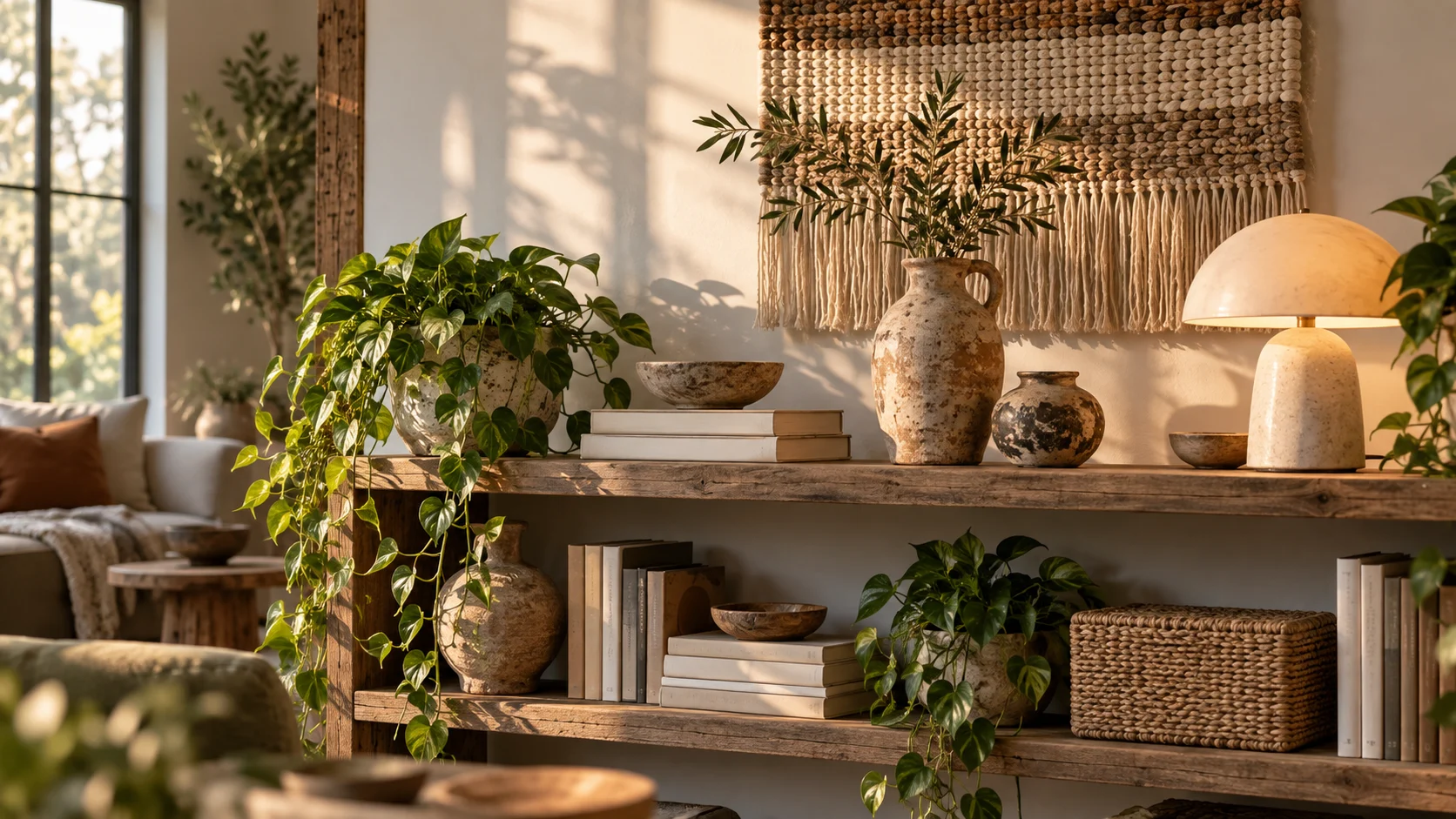 Cozy home shelf with plants and blank books