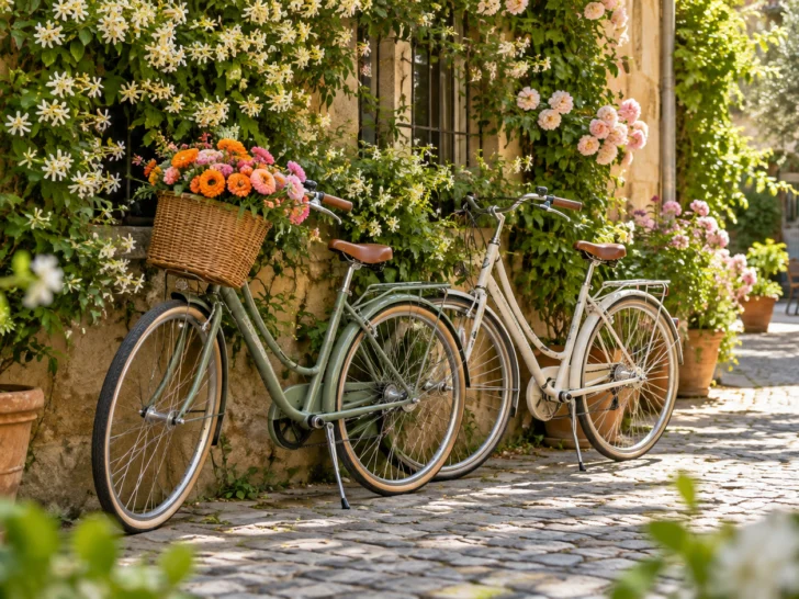 Two bicycles rest together beside flowers in a sunny stone courtyard.