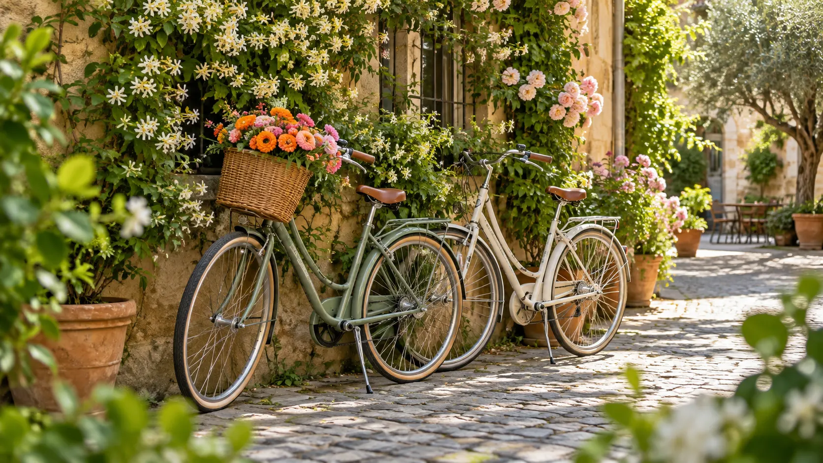 Two bicycles rest together beside flowers in a sunny stone courtyard.