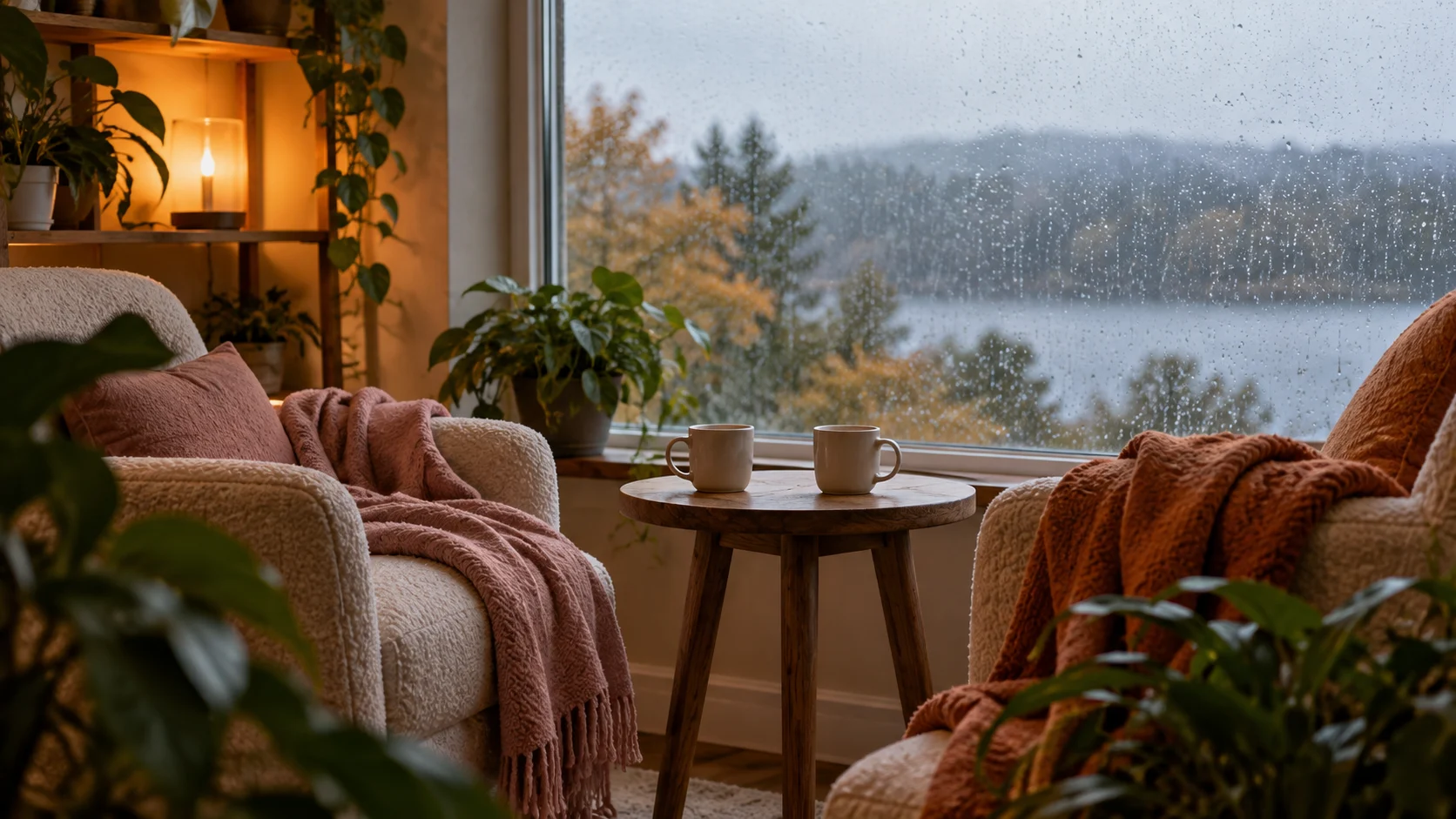 Paired mugs and warm blankets create a cozy window nook for two on a rainy day.