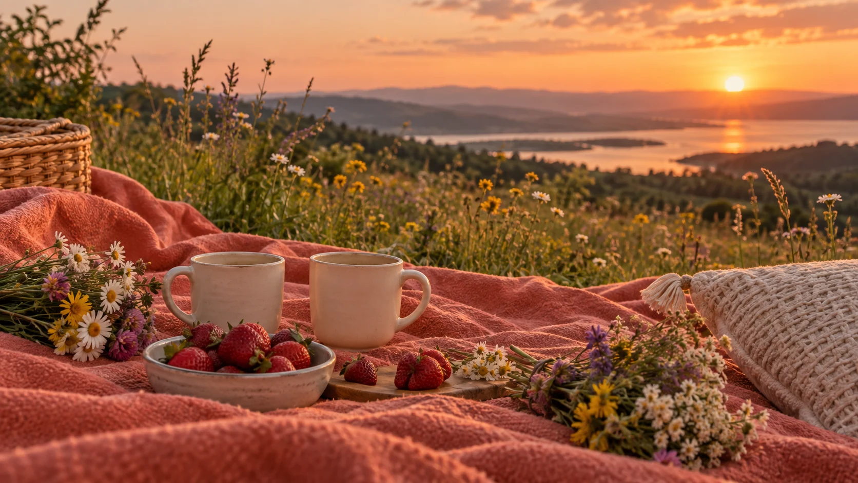 Two ceramic cups and wildflower bouquets sit on a coral picnic blanket at sunset.