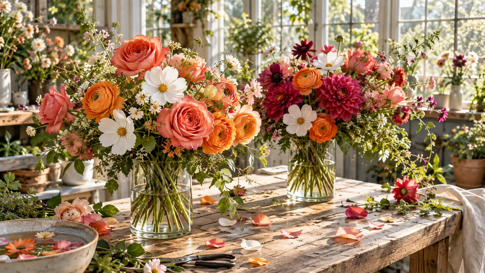 Two bright coral, orange and pink bouquets fill a sunlit florist studio.