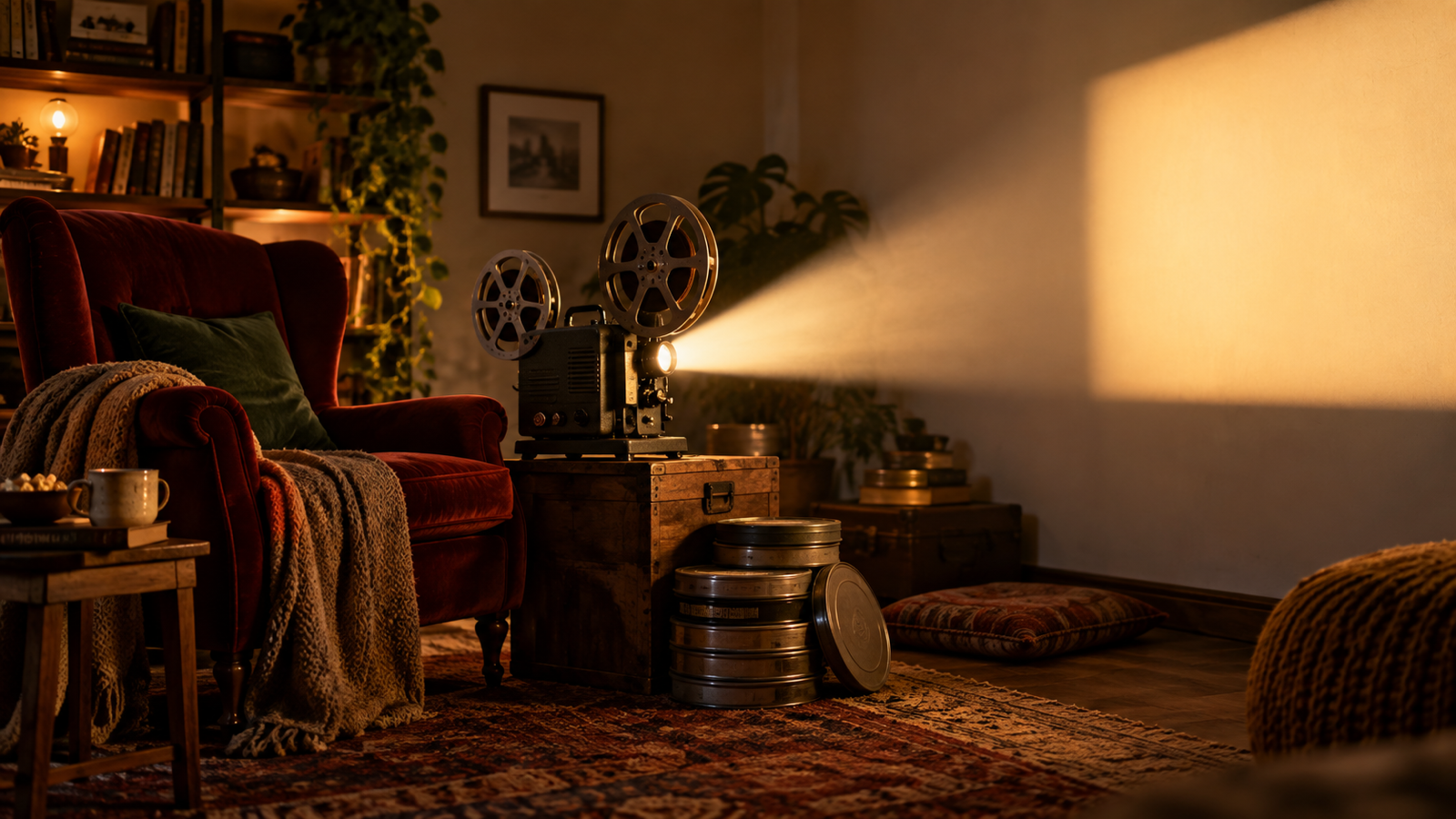 Vintage projector casting a warm beam across a cozy home cinema corner