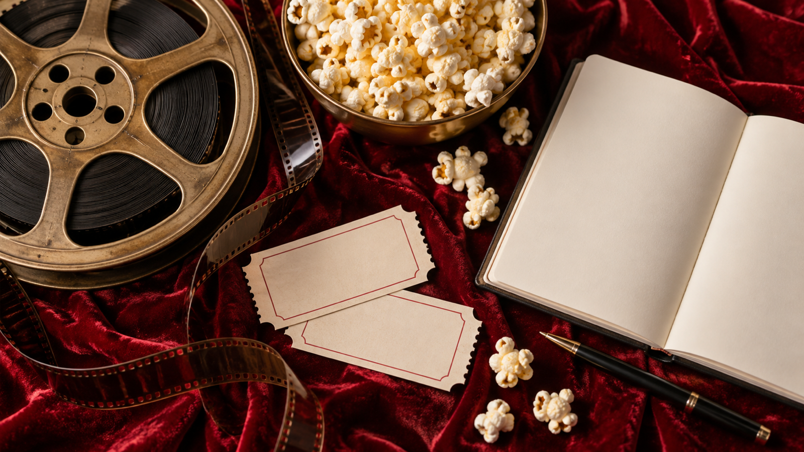 Film reel popcorn blank tickets and an open blank notebook on red velvet
