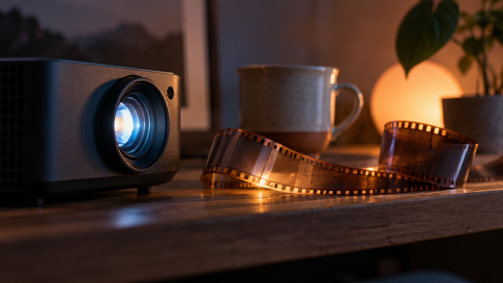 Unbranded projector lens and translucent blank film strip in warm evening light