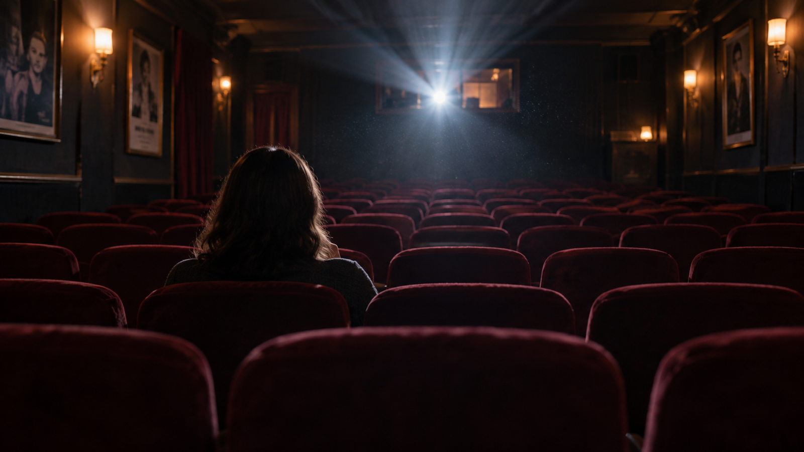 Anonymous film lover seated in an empty burgundy screening room under projector light